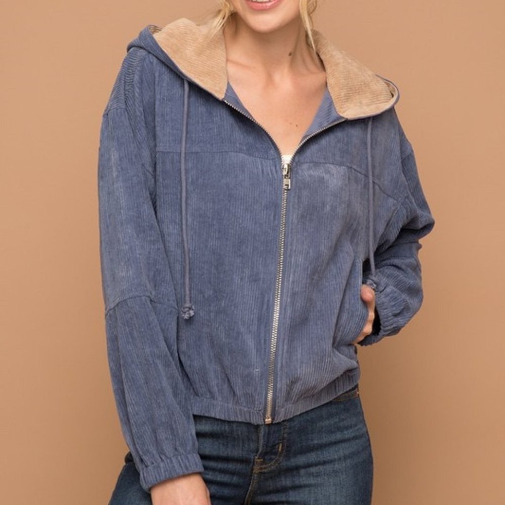 Blue Corduroy Zip Hoodie Jacket